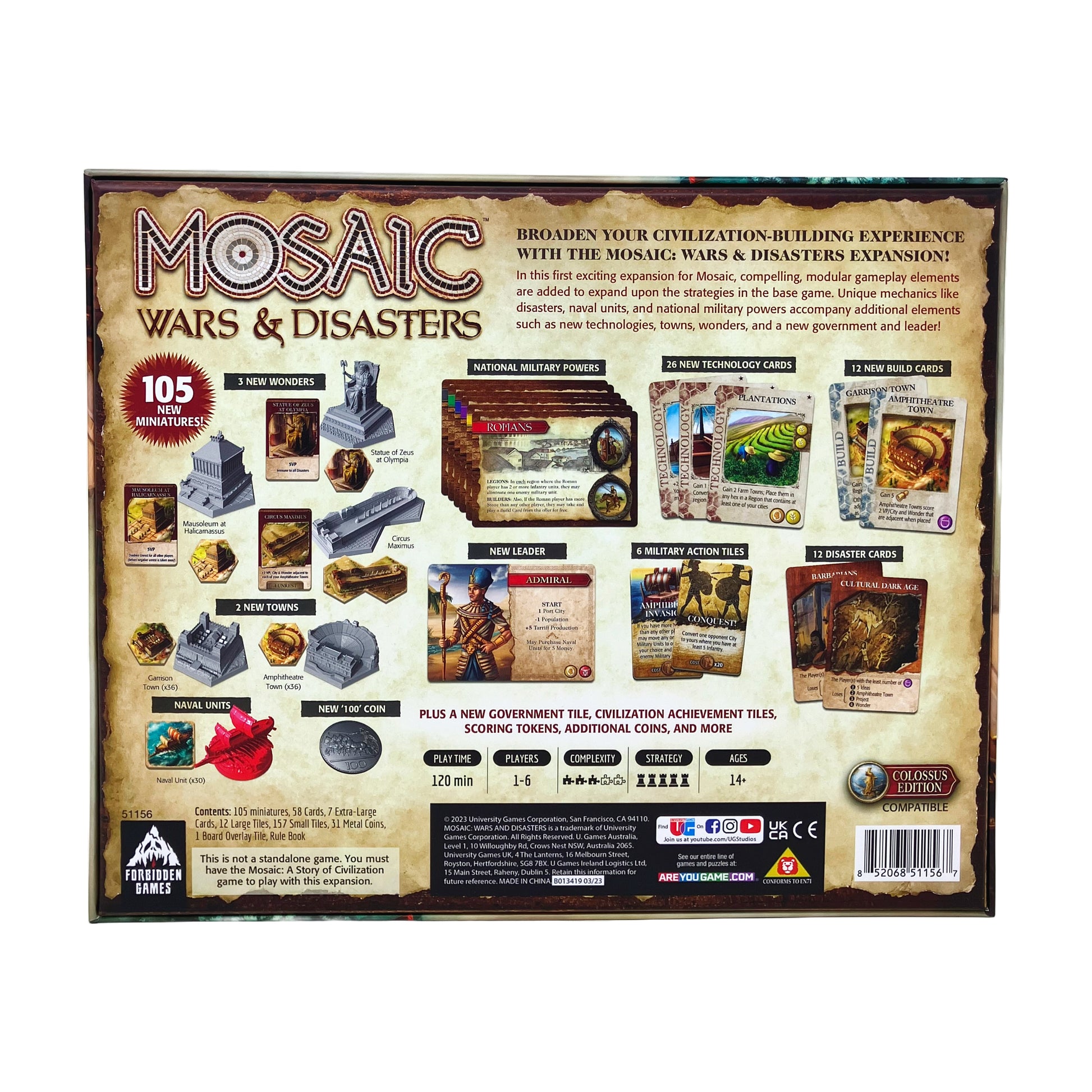 Mosaic Wars & Disasters Expansion board game box showing 105 miniatures, cards, and game components