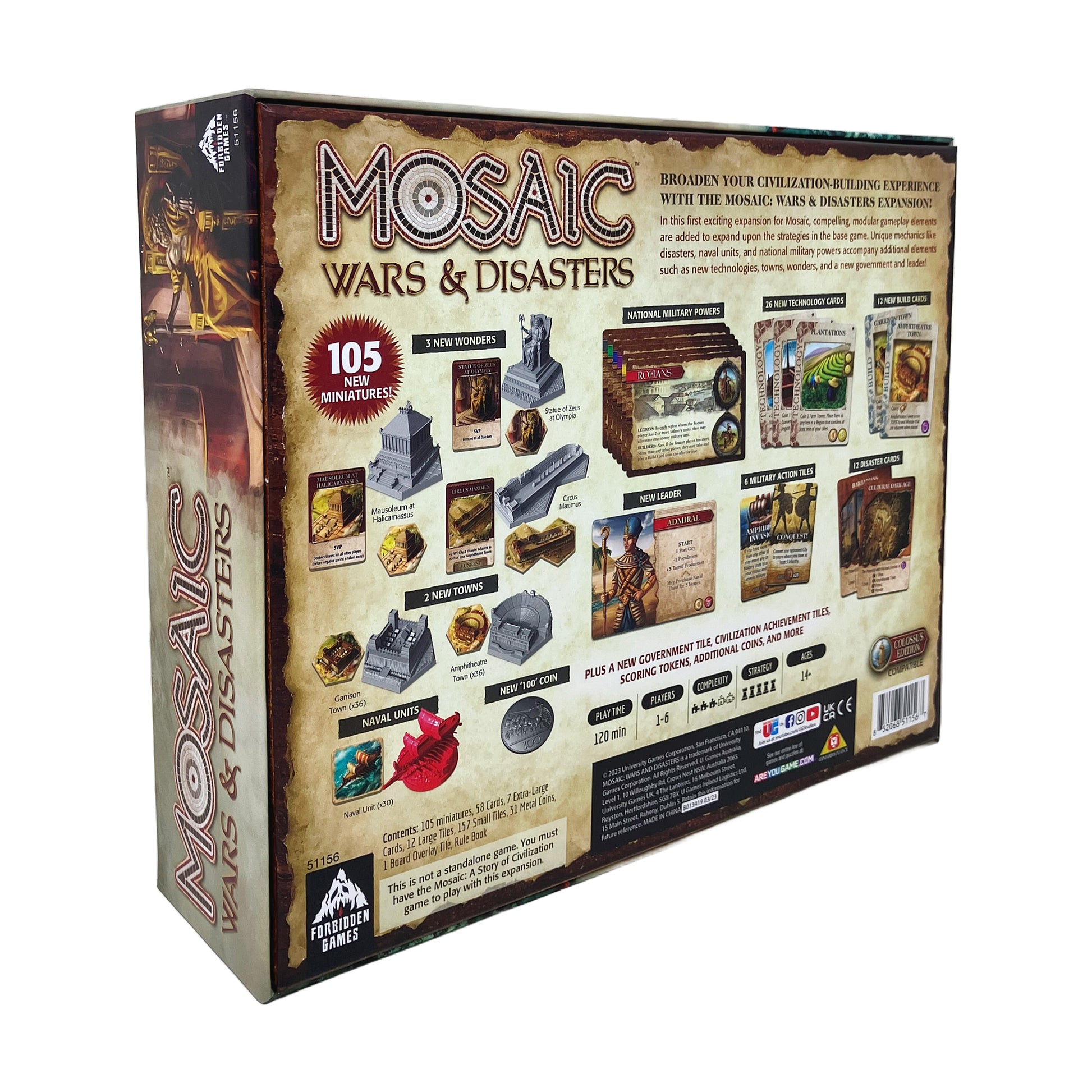 Mosaic Wars & Disasters Expansion board game box featuring 105 miniatures, new wonders, towers, and game components