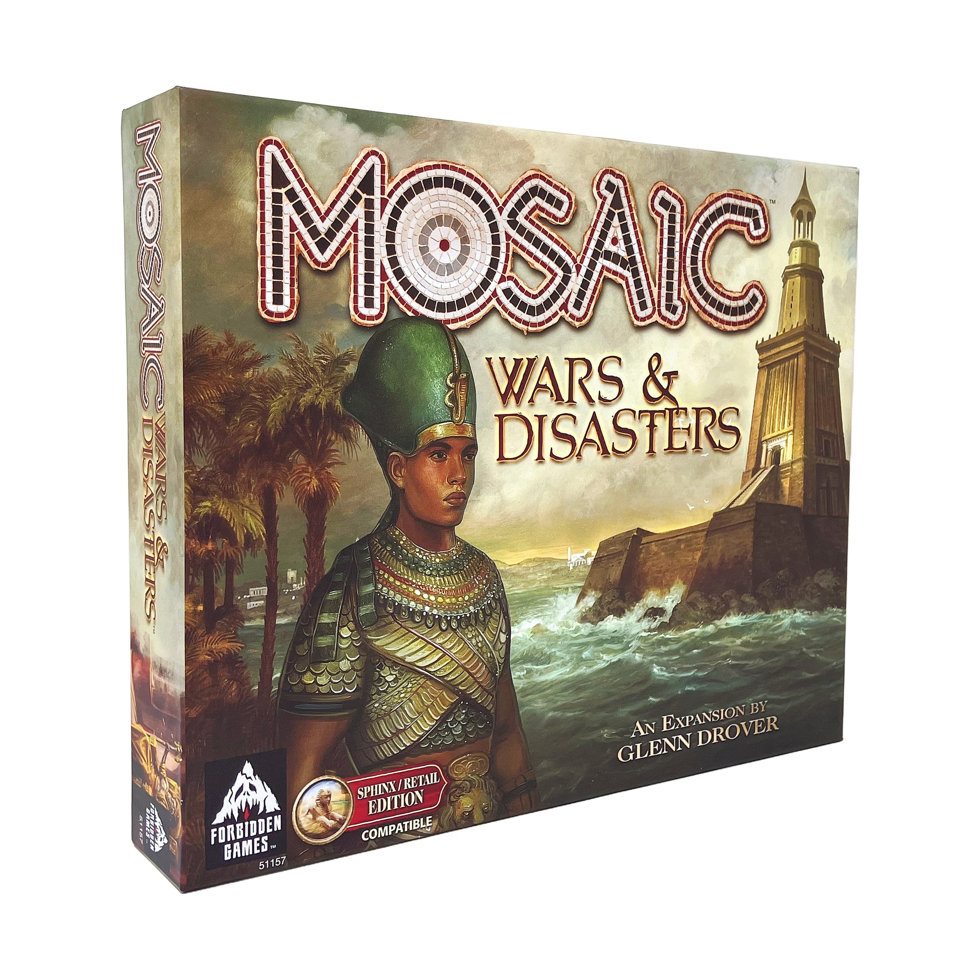 Mosaic: Wars & Disasters Expansion board game box featuring ornate neon lettering, ancient Egyptian pharaoh in armor, palm trees, coastal lighthouse, and stormy