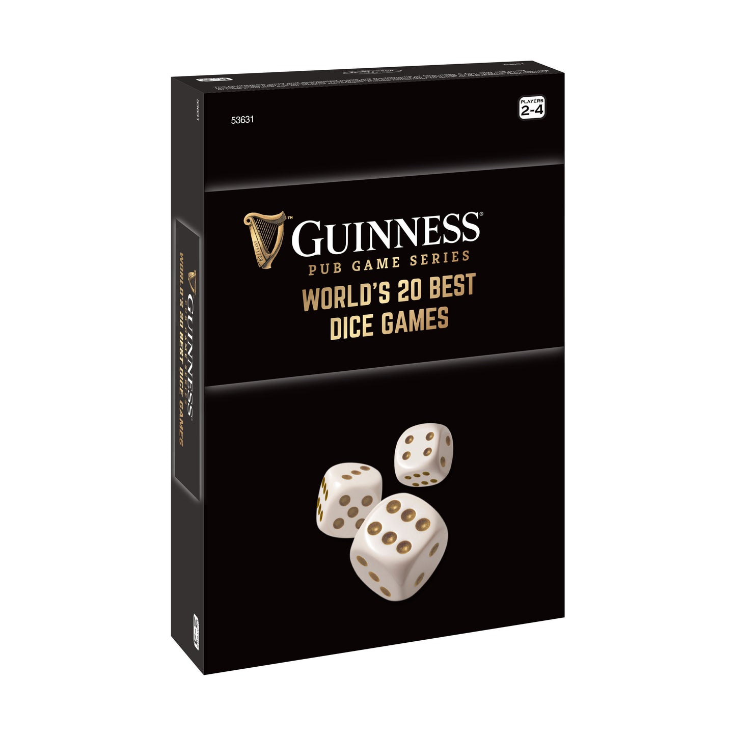 Guinness Pub Game Series World's 20 Best Dice Games box with three cream-colored dice on black packaging