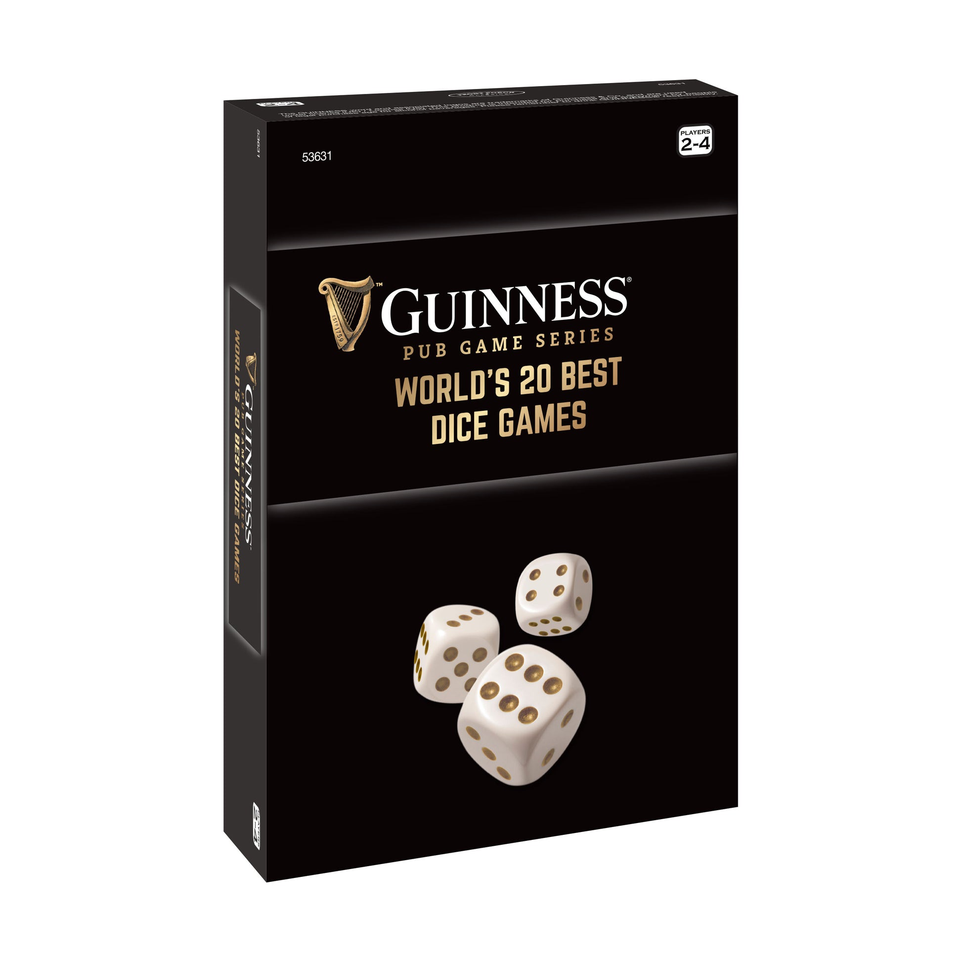 Guinness Pub Game Series World's 20 Best Dice Games box with three cream-colored dice on black packaging