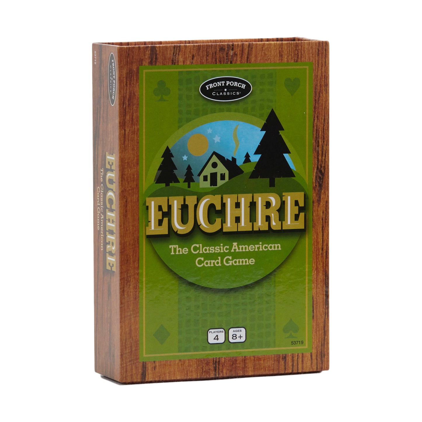 Euchre card game box with wood-grain finish and green label showing cabin in forest landscape, for 4 players ages 8+