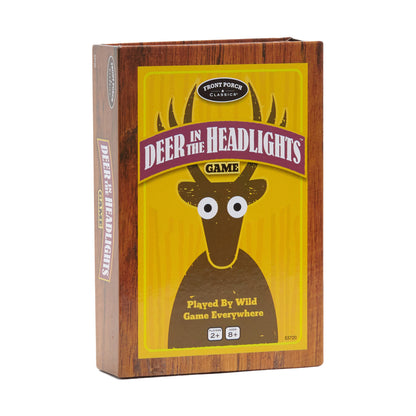 Deer in the Headlights Family Card & Dice Game box with wood-grain finish and illustrated brown deer with large eyes on yellow background