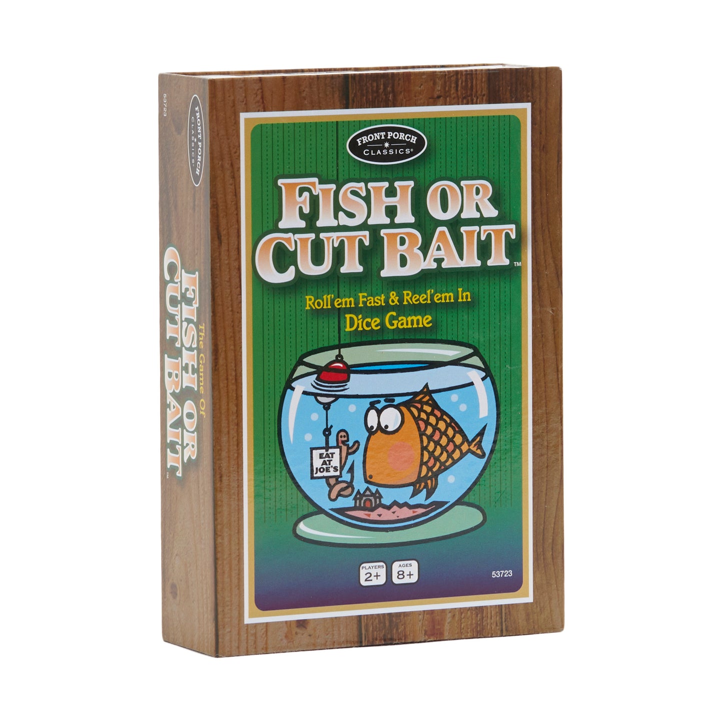 Fish or Cut Bait dice game box with wood-grain finish, showing cartoon fish in fishbowl and game title