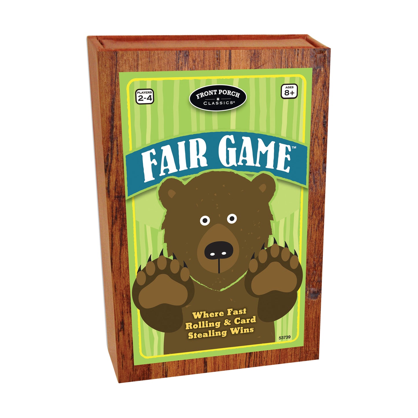Fair Game board game box by Front Porch Classics featuring a brown bear with paws raised on green and yellow label, wooden texture box design, for 2-4 players a