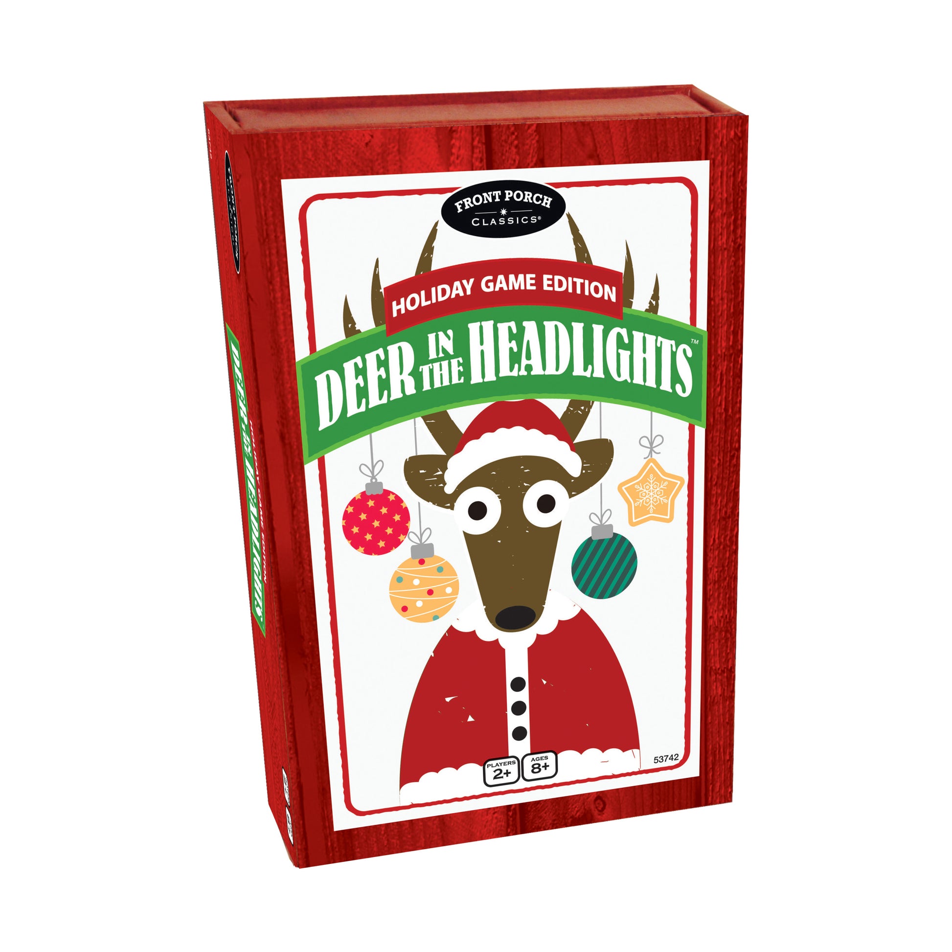 Deer in the Headlights Holiday Game Edition box featuring an illustrated reindeer wearing a Santa hat and red coat, surrounded by hanging ornaments