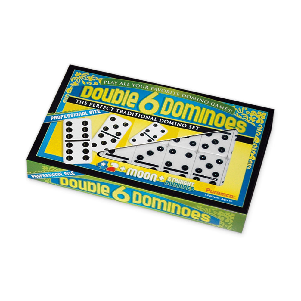 Double 6 professional size domino set with white tiles and black dots in open box on plain background