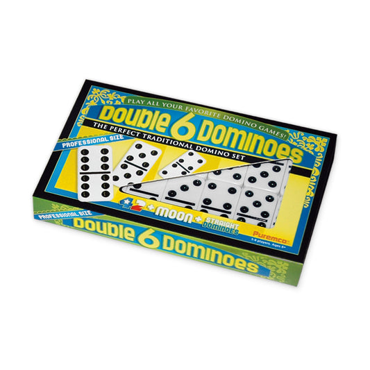 Double 6 professional size domino set with white tiles and black dots in open box on plain background