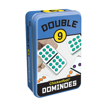 Double 9 Chickenfoot Professional Dominoes Game Set blue tin box with domino tiles featuring teal, purple, and orange dots