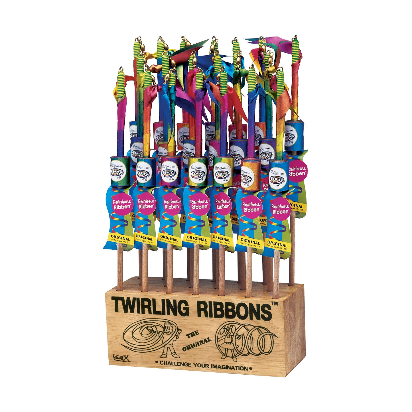 Twirling Ribbons display stand with seven colorful spinning ribbon wands in rainbow colors with wooden handles and wooden base