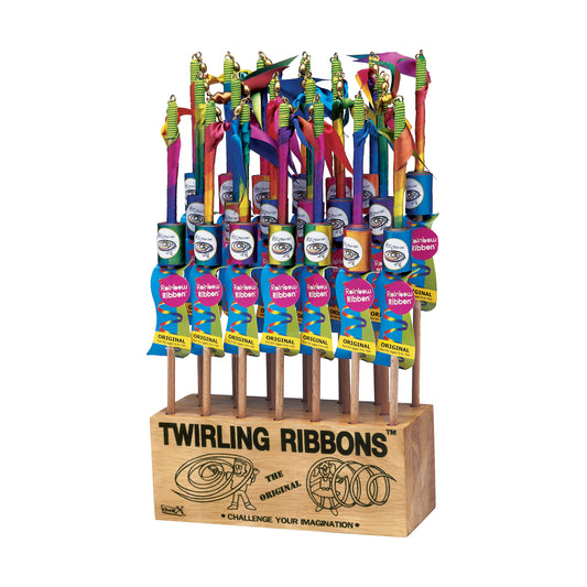 Twirling Ribbons display stand with seven colorful spinning ribbon wands in rainbow colors with wooden handles and wooden base