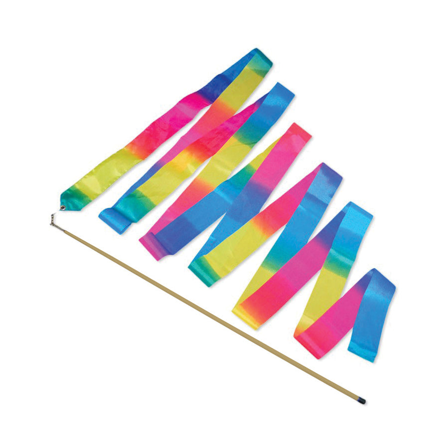 Rainbow ribbon wand with colorful gradient ribbons in pink, blue, yellow, and teal attached to a tan stick