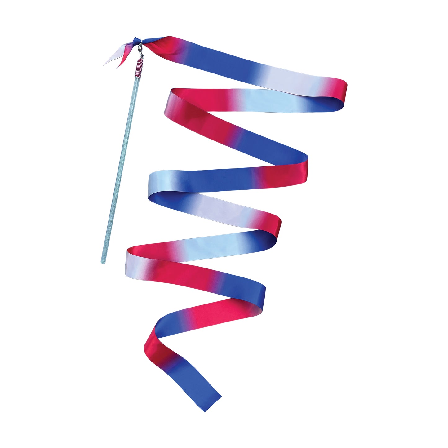 Patriotic USA Dazzler twirling ribbon with red, white, and blue gradient ribbons attached to a glitter wand
