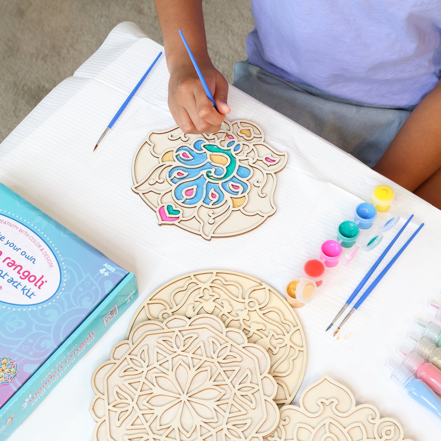Make Your Own Wooden Rangoli craft kit with colorful paints and brushes