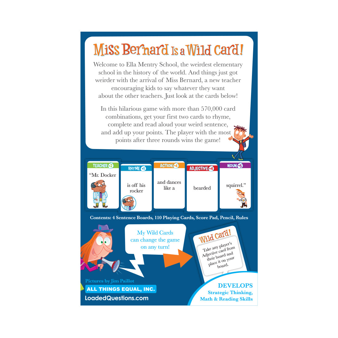 Miss Bernard is a Wild Card card game box featuring colorful teacher characters and game cards with rhyming words and...