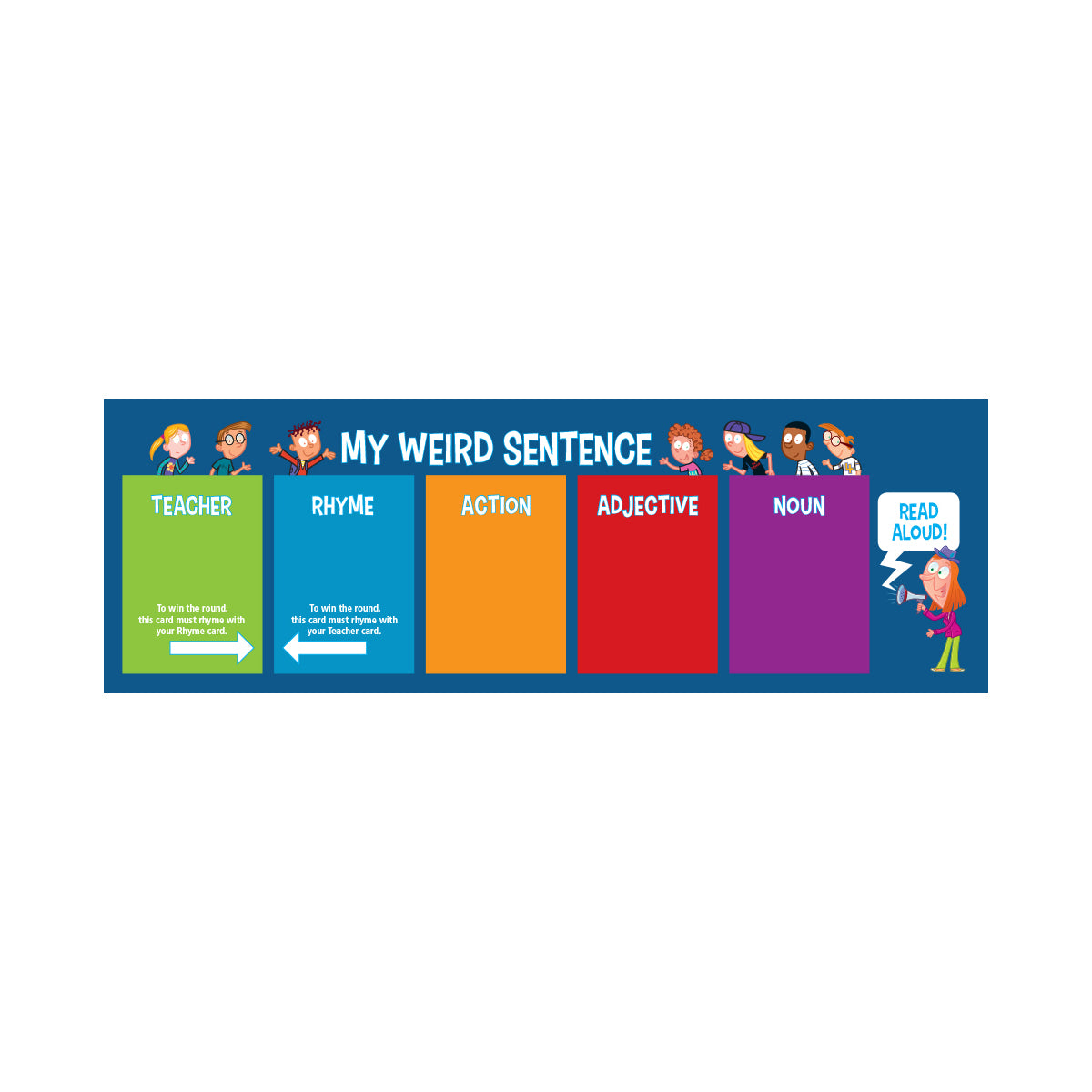 My Weird Sentence game board with colorful category cards: Teacher, Rhyme, Action, Adjective, and Noun