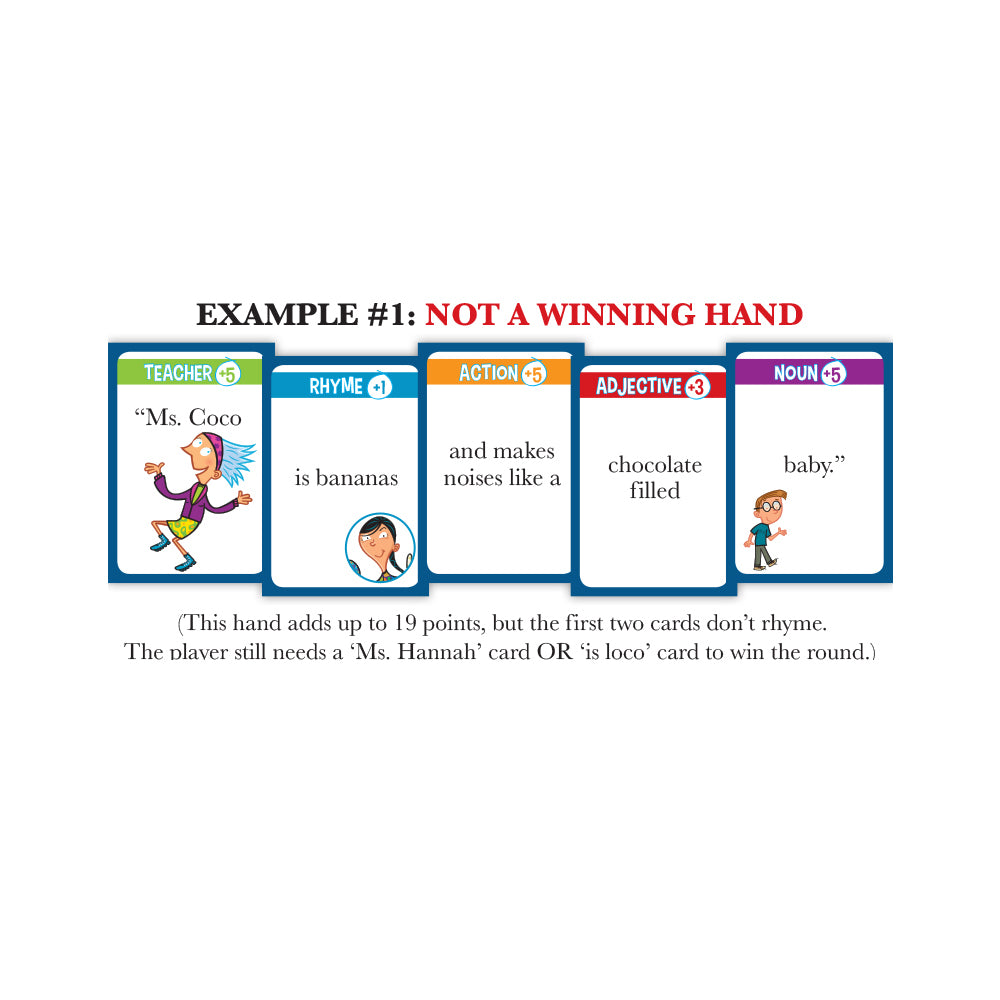My Weird School card game showing example hand with Teacher, Rhyme, Action, Adjective and Noun cards