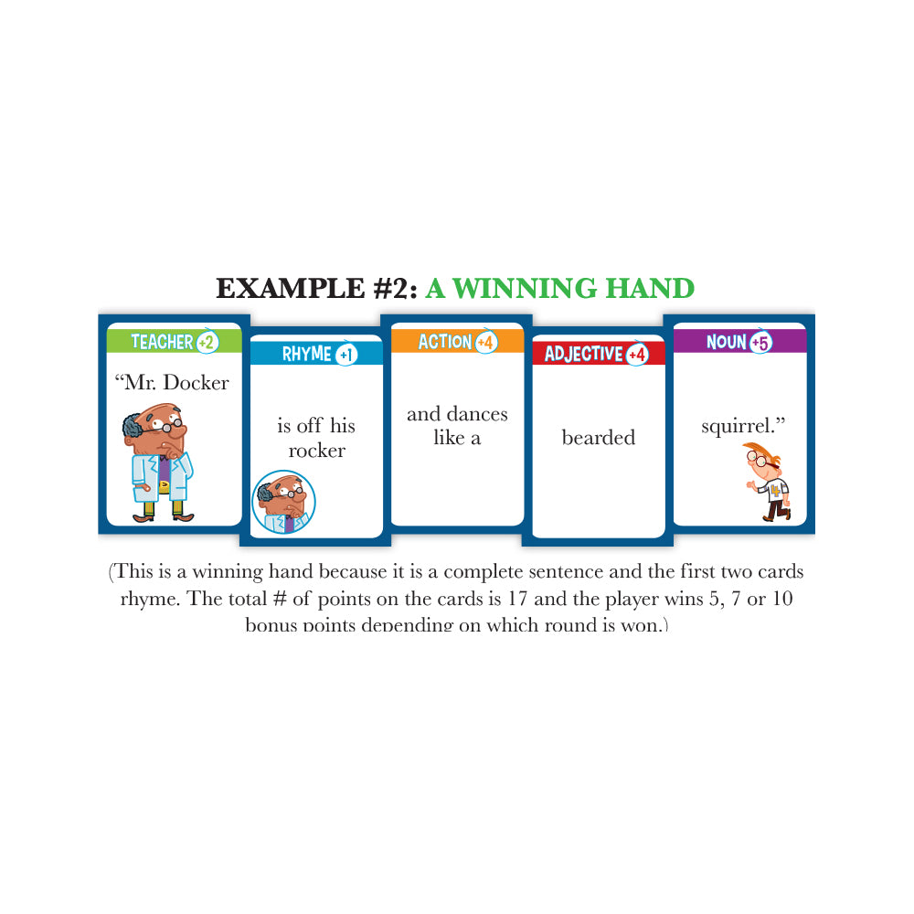 My Weird School: The Game card game showing example winning hand with Teacher, Rhyme, Action, Adjective and Noun cards