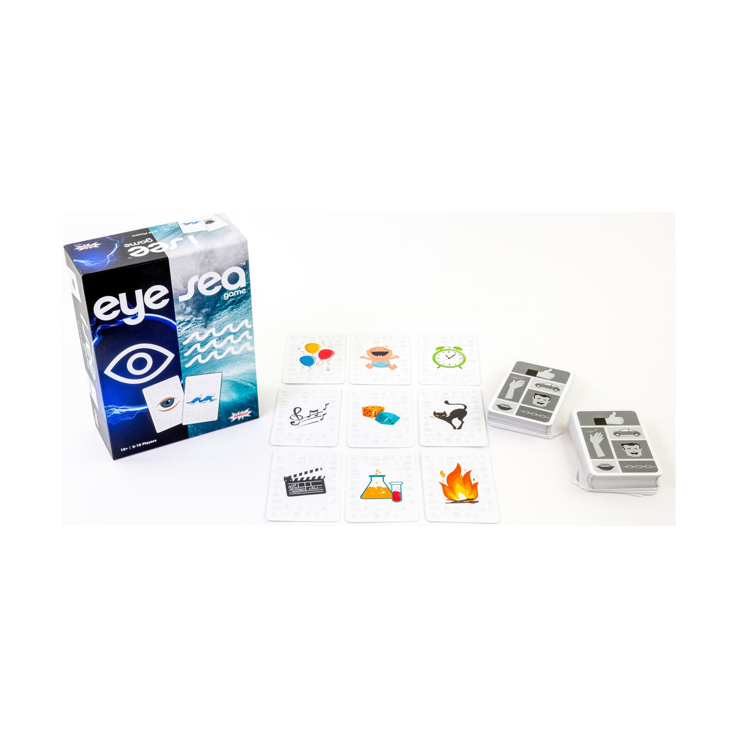 Eye Sea Game board game with box, colorful picture cards, and instruction sheets displayed