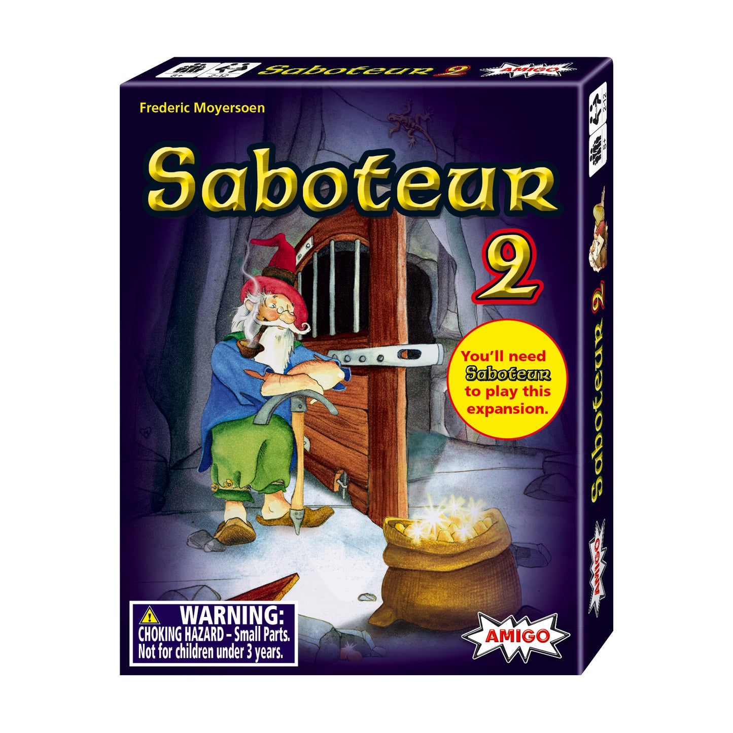 Saboteur 2 board game expansion pack box featuring a gnome with a pickaxe at a wooden door, by designer Frederic Moyersoen, published by AMIGO