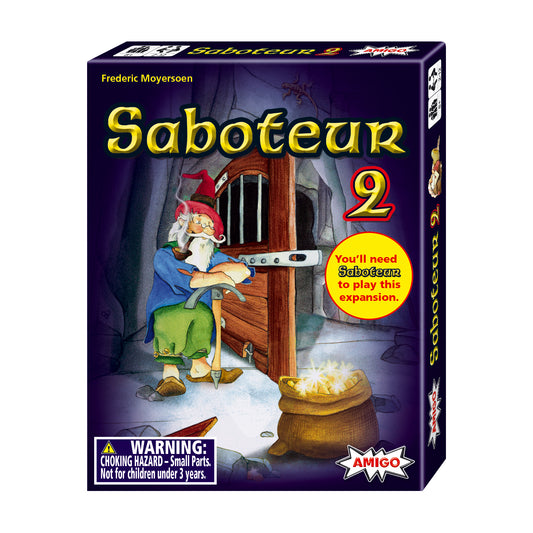 Saboteur 2 board game expansion pack box featuring a gnome with a pickaxe at a wooden door, by designer Frederic Moyersoen, published by AMIGO