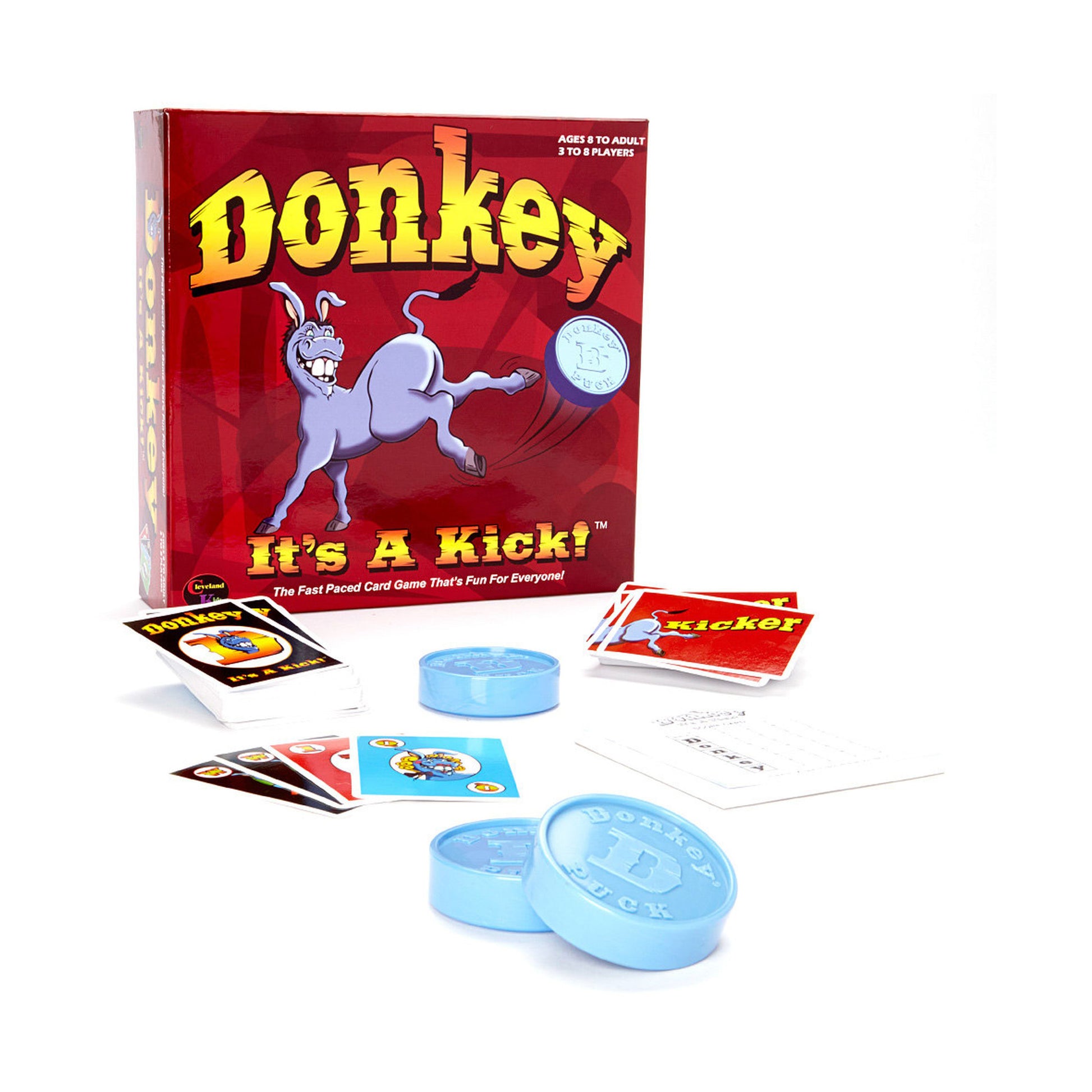 Donkey It's a Kick! card game box with red packaging showing a purple donkey character, displayed with game components including cards, blue plastic tokens, and
