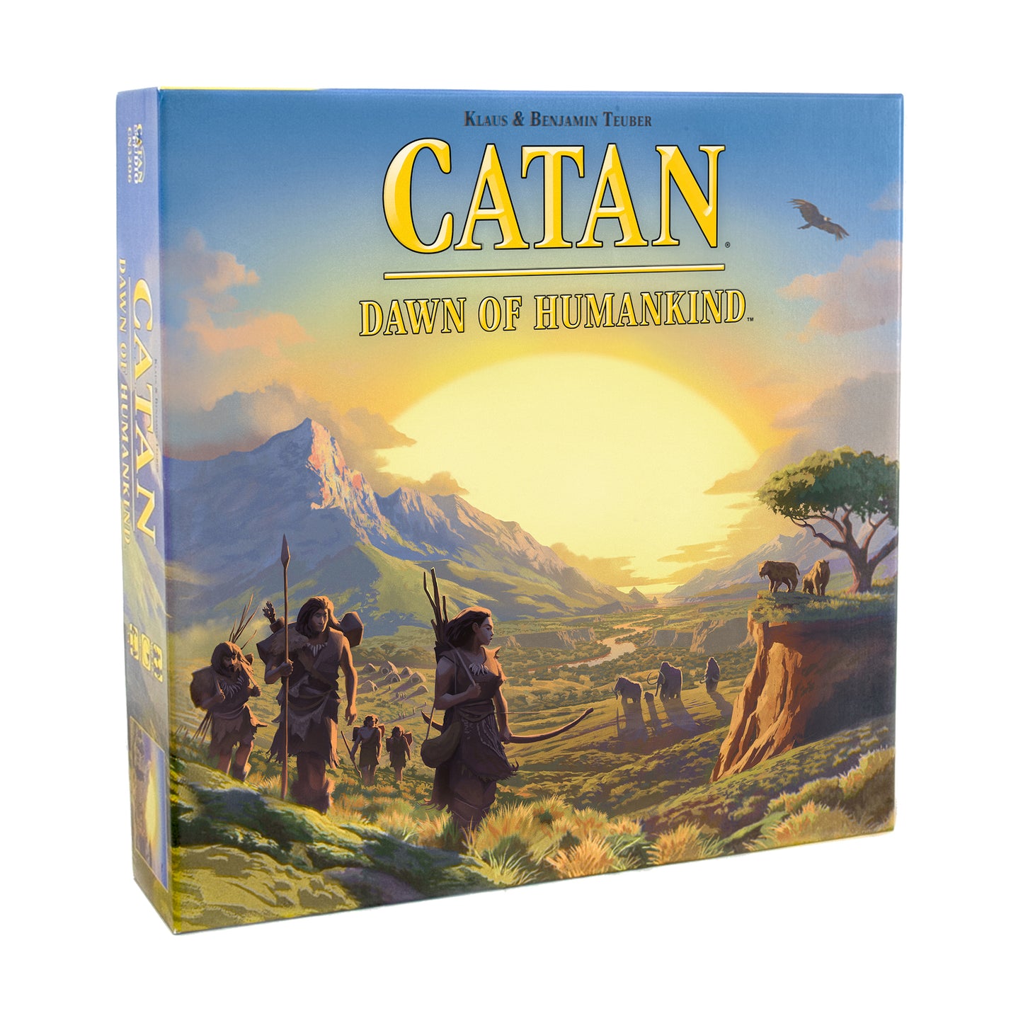 Catan: Dawn of Humankind board game box showing prehistoric humans with weapons in a landscape with mountains, sun, and animals