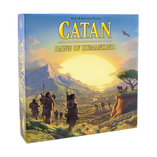 Catan: Dawn of Humankind board game box showing prehistoric humans with weapons in a landscape with mountains, sun, and animals