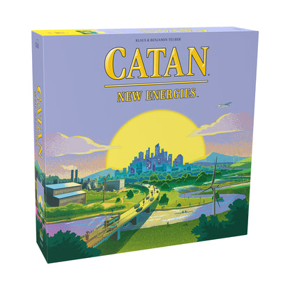 Catan: New Energies board game box featuring illustrated landscape with large yellow sun, cityscape, wind turbine, train, and green fields