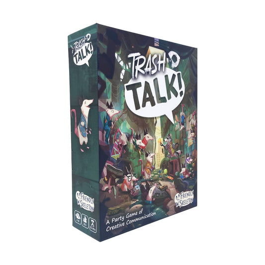 Trash Talk! board game box featuring colorful illustrated characters in a chaotic garbage-filled scene, labeled a party game of creative communication