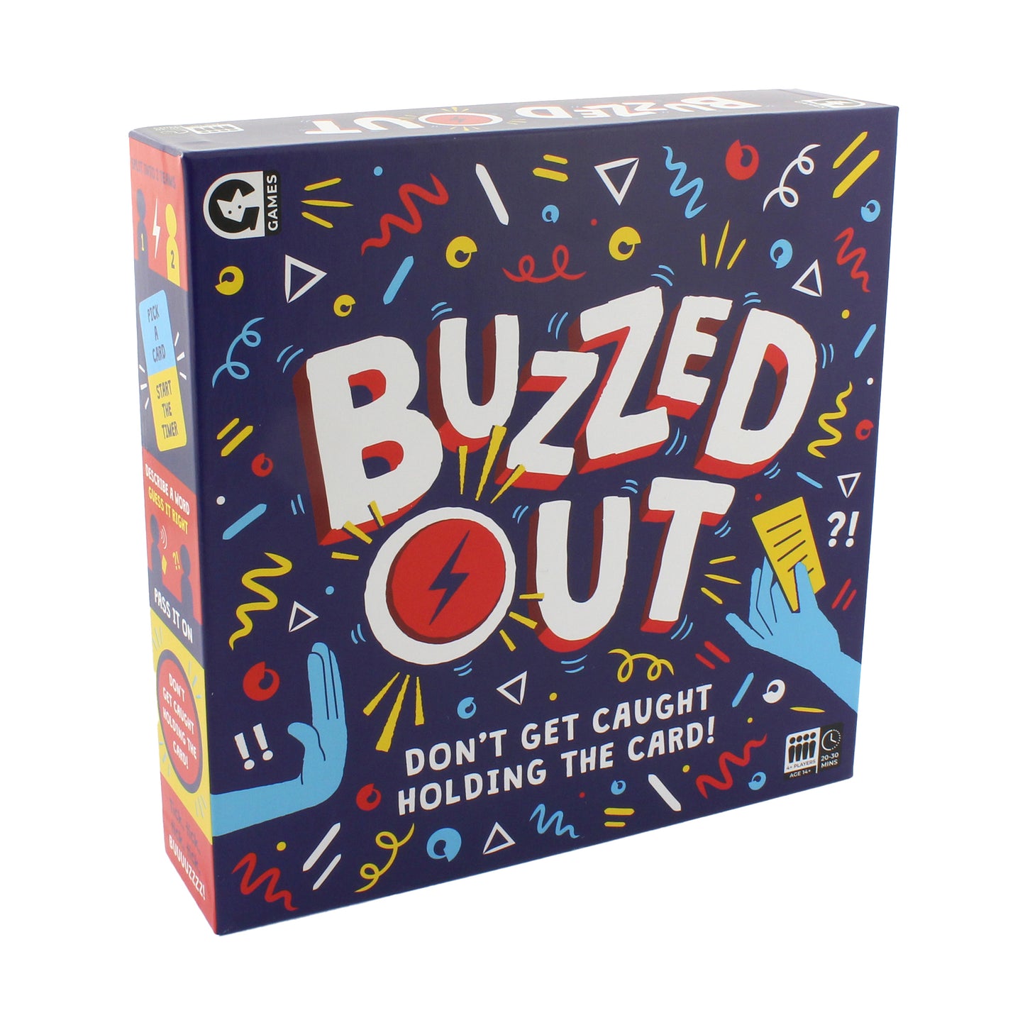 Buzzed Out board game box with navy background, colorful geometric shapes, and large white and red title text with lightning bolt icon