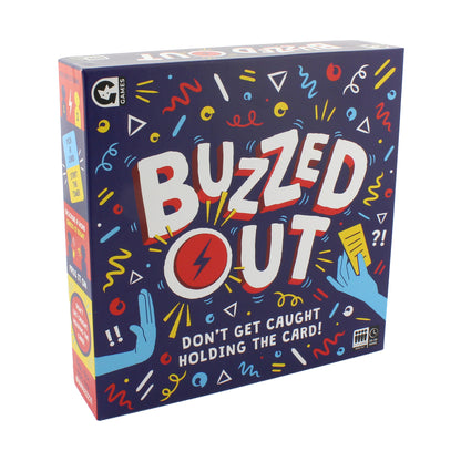 Buzzed Out board game box with navy background, colorful geometric shapes, and large white and red title text with lightning bolt icon