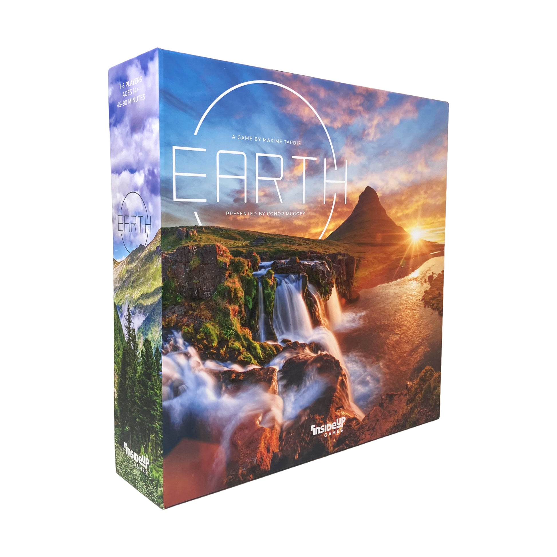 Earth board game box by Maxime Tardif featuring scenic landscape with waterfall and mountain