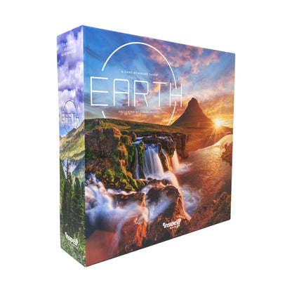 Earth board game box by Maxime Tardif featuring scenic landscape with waterfall and mountain