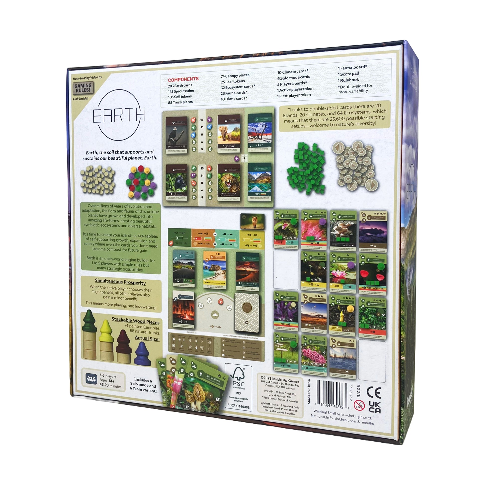 Earth board game box showing cards, wooden pieces, tokens, and game components for 1-5 players