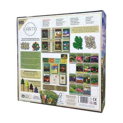 Earth board game box showing cards, wooden pieces, tokens, and game components for 1-5 players