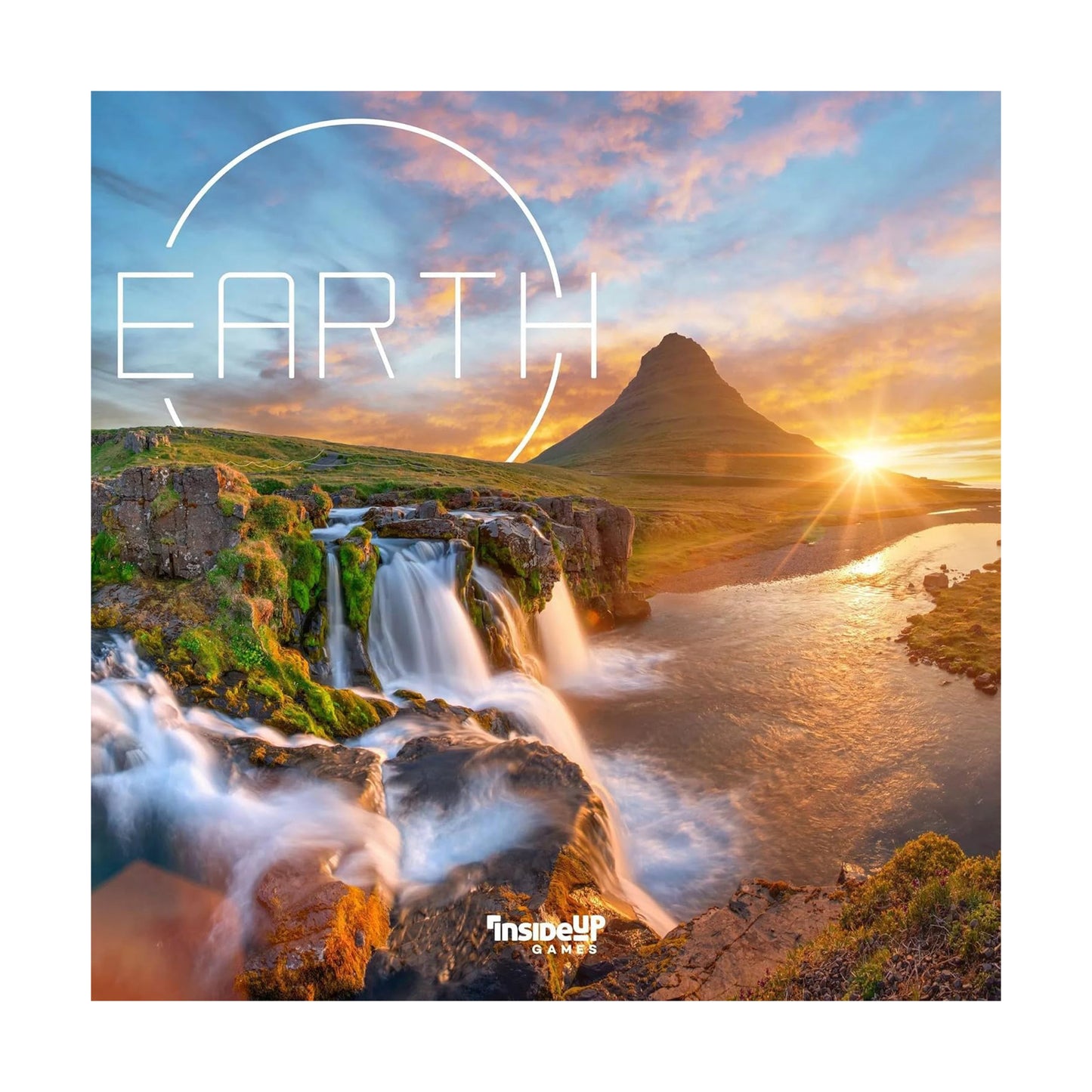 Earth board game box featuring scenic Icelandic landscape with waterfall and mountain