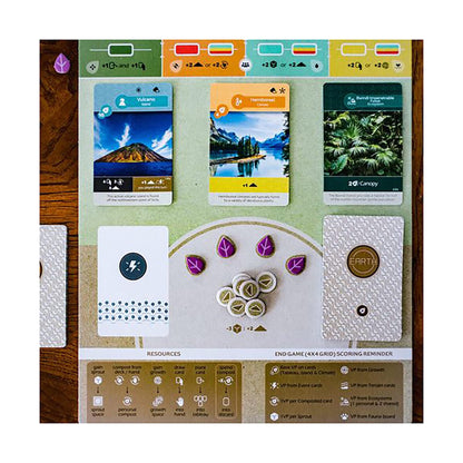 Earth board game with terrain cards, resource tokens, and scoring grid on wooden surface