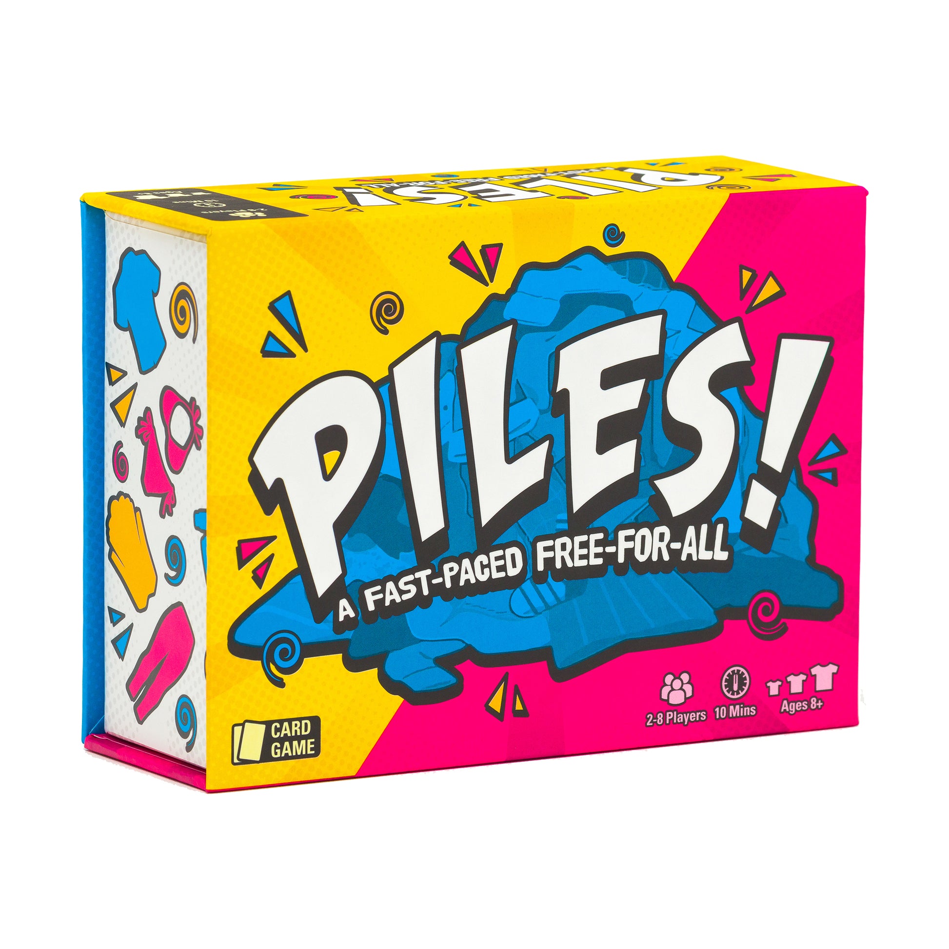 Piles! Quick-Thinking Card Grab Family Game box with yellow and pink packaging, blue text, and colorful game icons