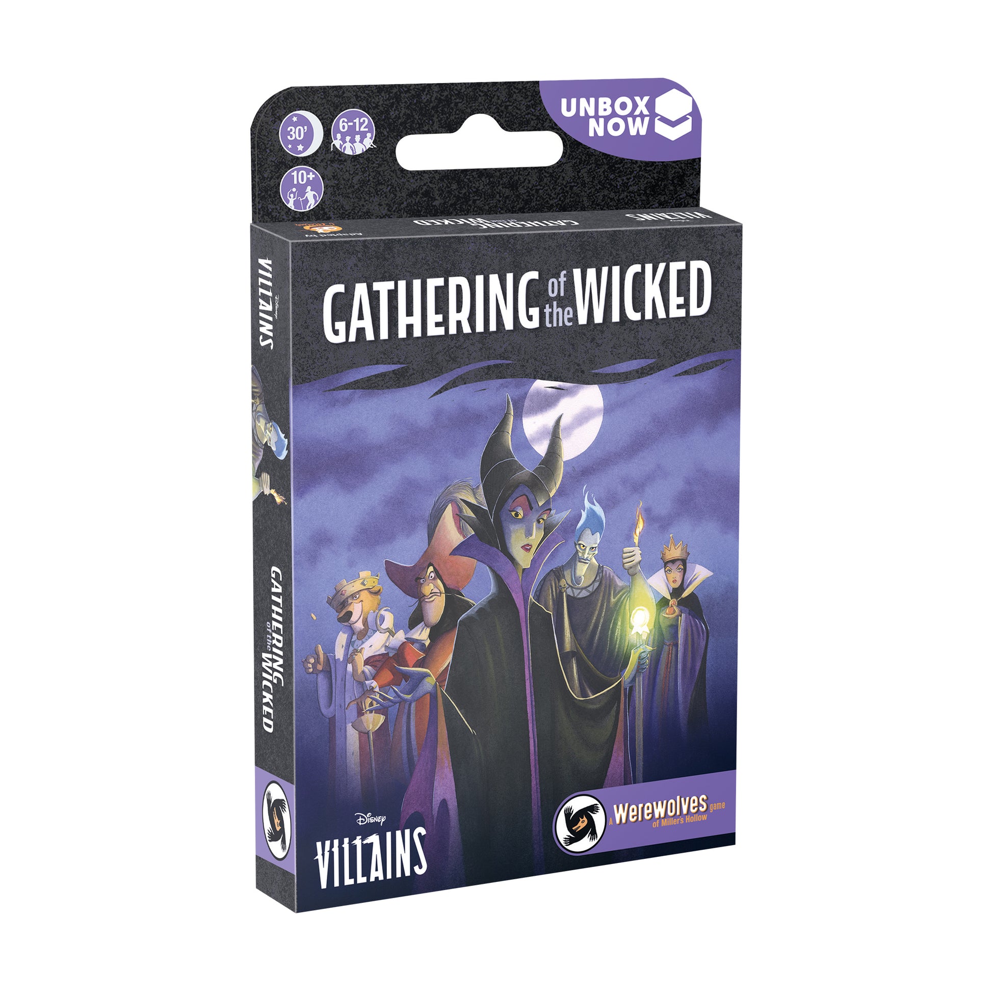 Gathering of the Wicked Disney Villains Werewolves of Miller's Hollow game box featuring Maleficent and other villains against a purple moonlit background