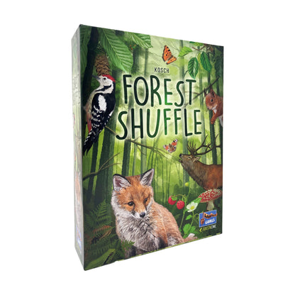 Forest Shuffle board game box featuring forest wildlife including a fox, woodpecker, deer, butterflies, and mushrooms on green woodland background