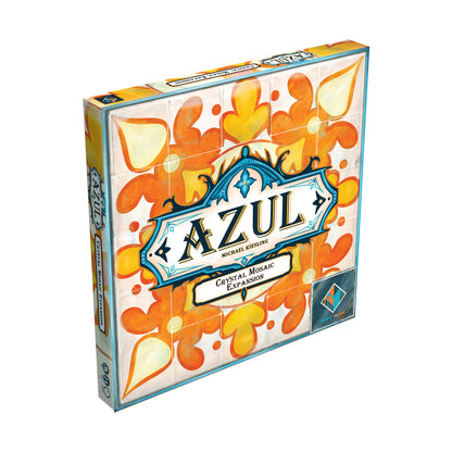 Azul: Crystal Mosaic Expansion board game box with blue trim and orange and yellow mosaic tile pattern on white background