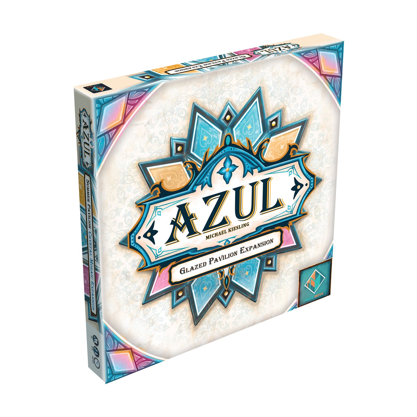 Azul Summer Pavilion: Glazed Pavilion Expansion board game box featuring ornate blue and gold tile design on cream background