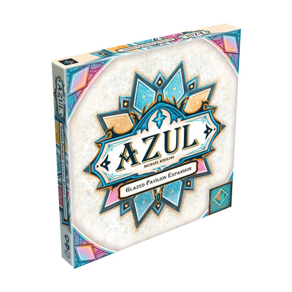 Azul Summer Pavilion: Glazed Pavilion Expansion board game box featuring ornate blue and gold tile design on cream background