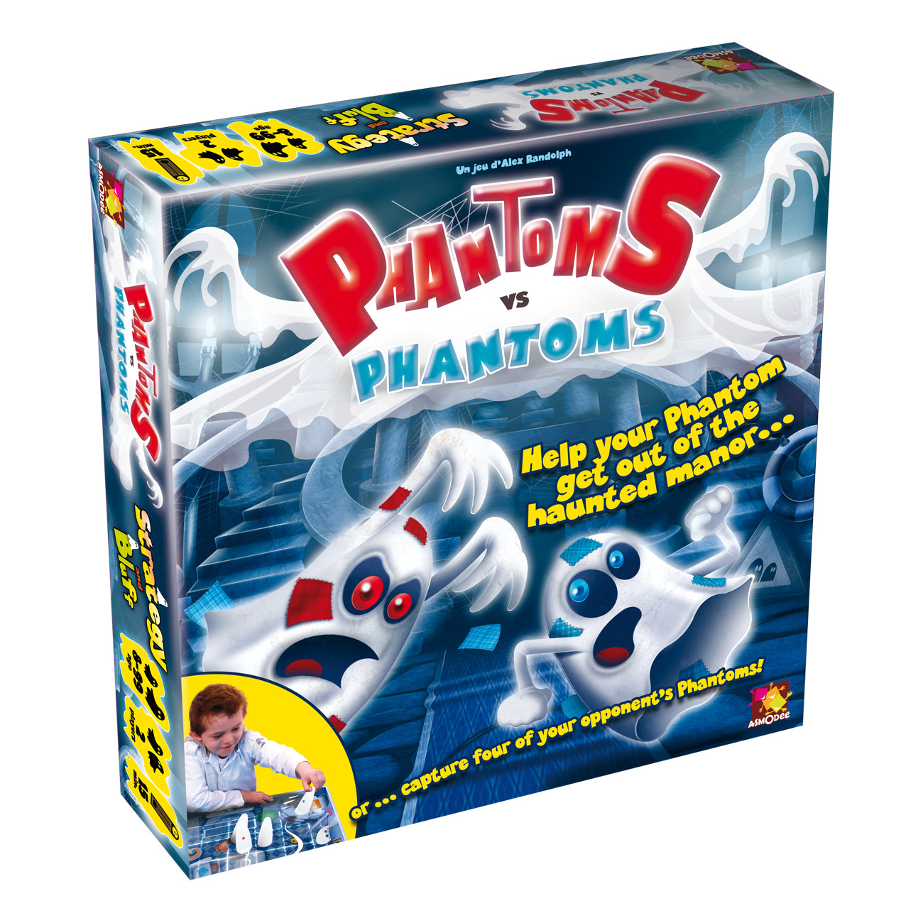 Phantoms vs. Phantoms board game box featuring red and white ghost characters on blue background, with gameplay instructions and child modeled on lower left