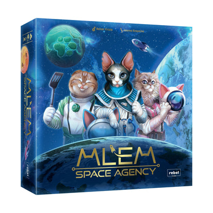 MLEM: Space Agency board game box featuring four cartoon cats in spacesuits against a blue starry space background with planets and a rocket