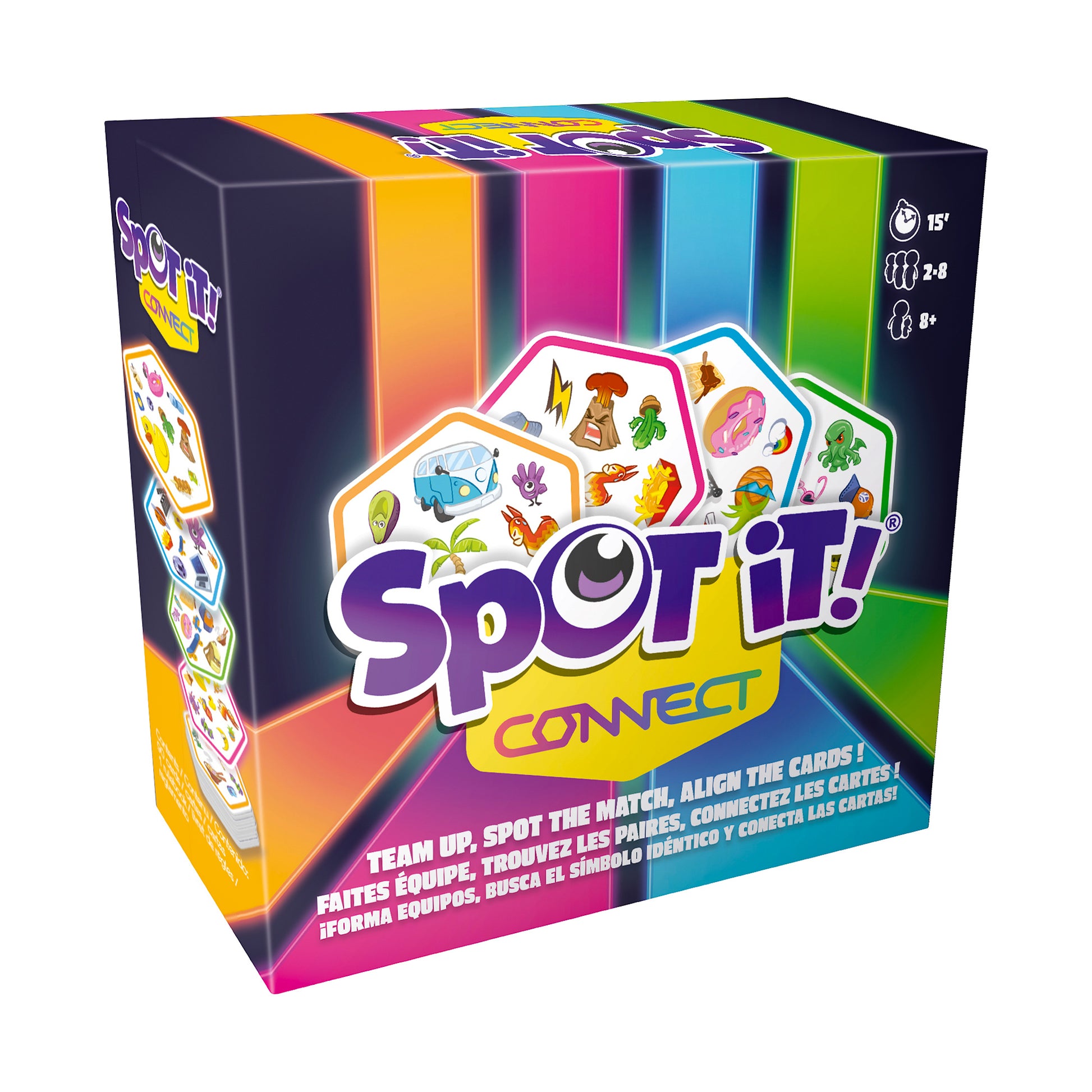 Spot it! Connect card game box with colorful gradient background, showing purple logo, gameplay cards with illustrated symbols, and game instructions on front