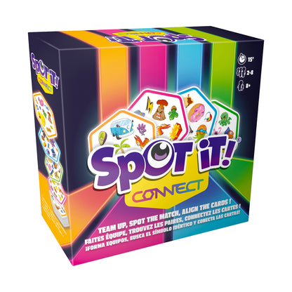 Spot it! Connect card game box with colorful gradient background, showing purple logo, gameplay cards with illustrated symbols, and game instructions on front
