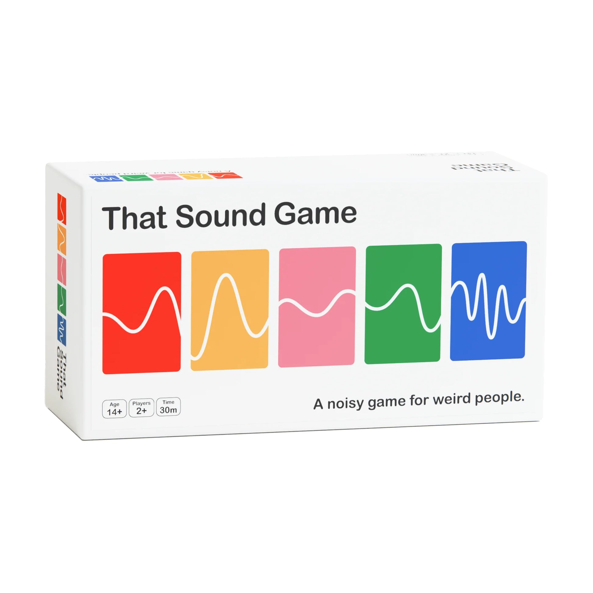 That Sound Game box showing five colored cards with white sound wave illustrations and text "A noisy game for weird people" for ages 14+, 2+ players, 30 minutes