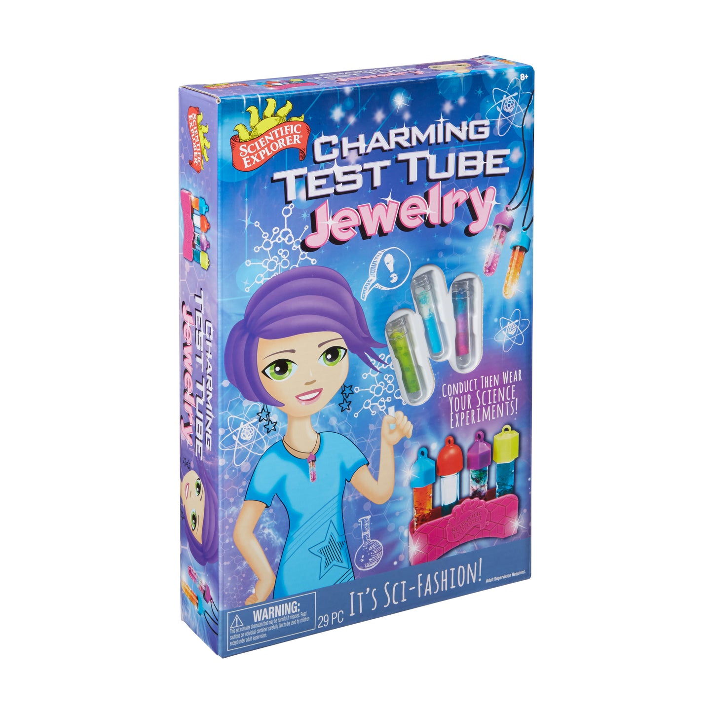 Charming Test Tube Jewelry kit box by Scientific Explorer featuring a girl with purple hair, test tubes, and colorful experiment materials for making wearable s